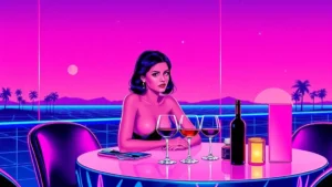 Stylized retro illustration of a sophisticated woman enjoying a glowing neon Shabbat dinner.