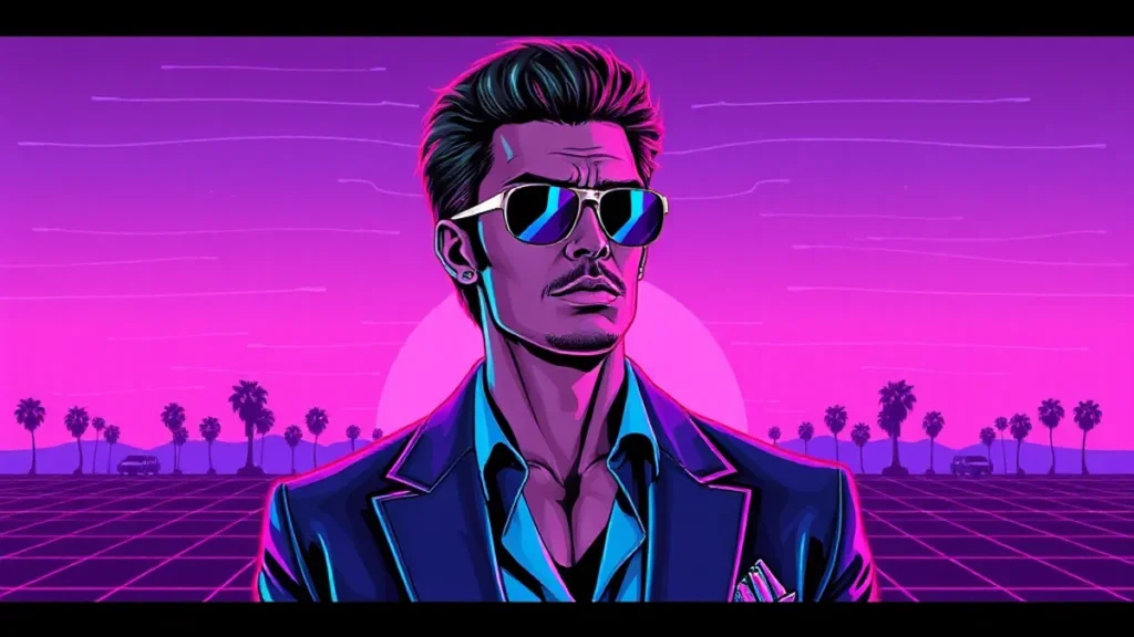 Stylized retro illustration of Brendan Penny amidst neon pink vaporwave heart graphics.