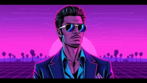 Stylized retro illustration of Brendan Penny amidst neon pink vaporwave heart graphics.
