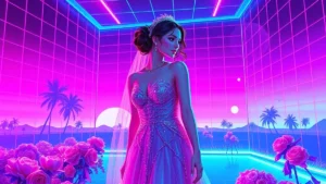 A radiant bridesmaid in a sequined dress glowing in a neon-lit Y2K room with holographic elements.