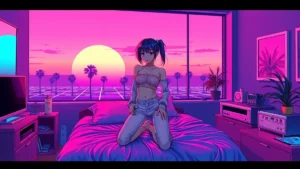 Stylized Y2K illustration of a girl wearing trendy capri pants and sheer summer clothing.