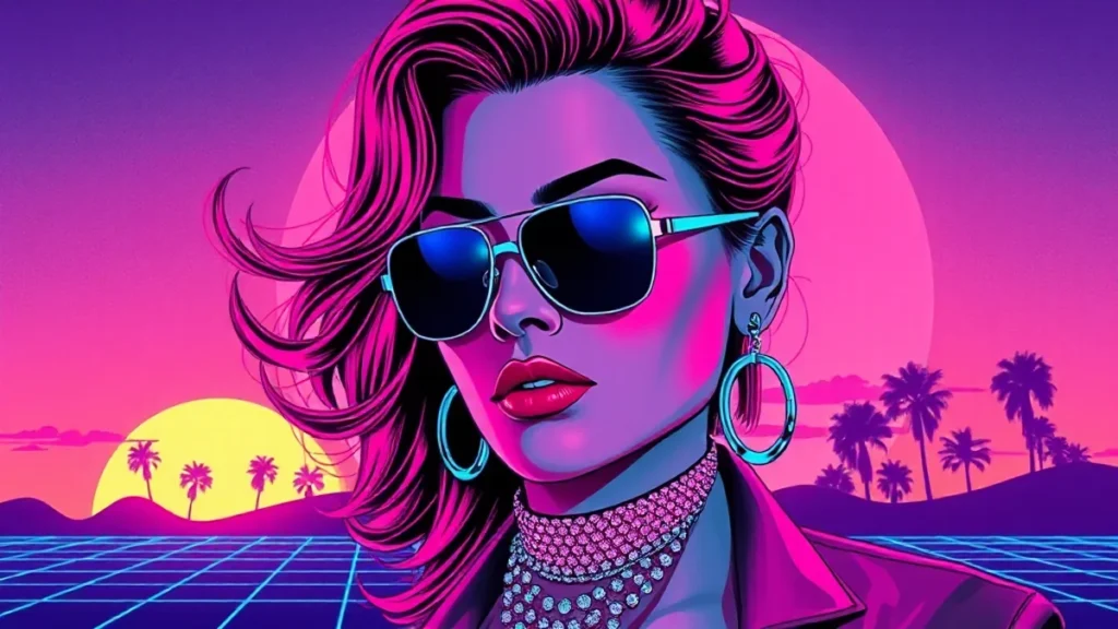 Stylized retro illustration of an adult woman amidst glowing purple vaporwave elements.