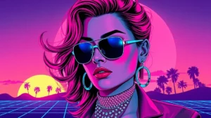Stylized retro illustration of an adult woman amidst glowing purple vaporwave elements.