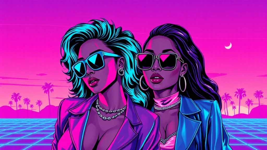 Stylized retro illustration of legendary singers celebrating music excellence in a neon aesthetic.