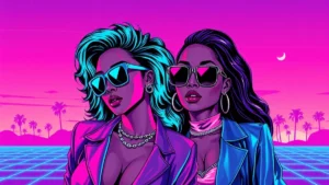 Stylized retro illustration of legendary singers celebrating music excellence in a neon aesthetic.