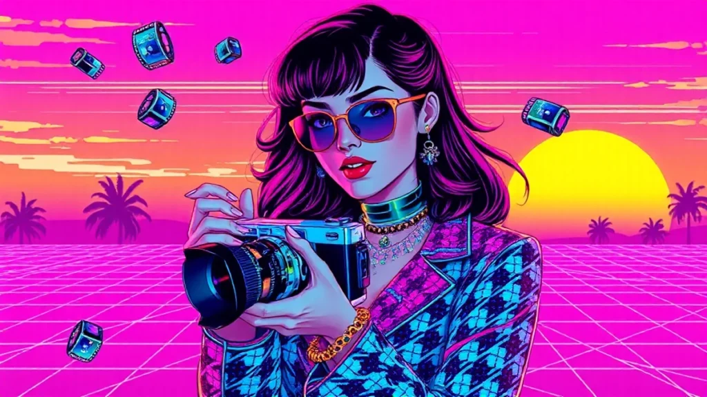 Stylized Y2K illustration of a fashionable woman with cinematic elements and neon pink accents.
