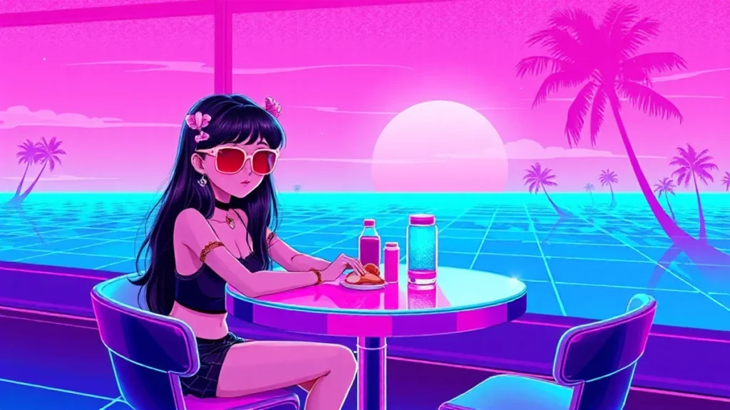 Stylized retro illustration of a fashionable woman enjoying a luxury luncheon with cinematic elements.