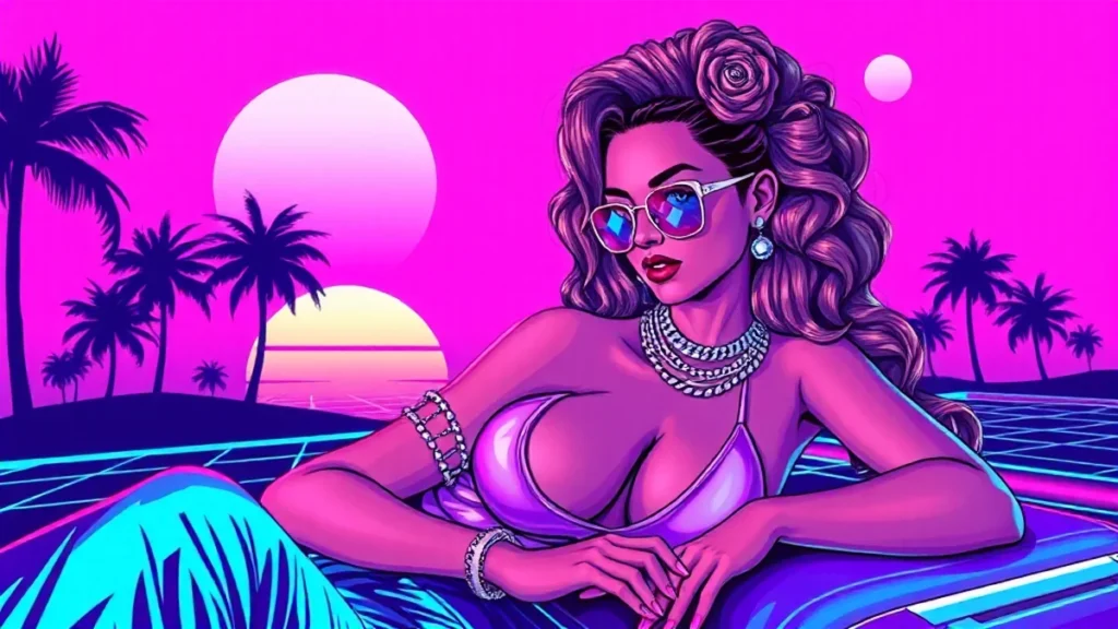 Stylized retro illustration of Ciara in a vibrant pink and purple vaporwave dreamscape.