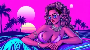 Stylized retro illustration of Ciara in a vibrant pink and purple vaporwave dreamscape.