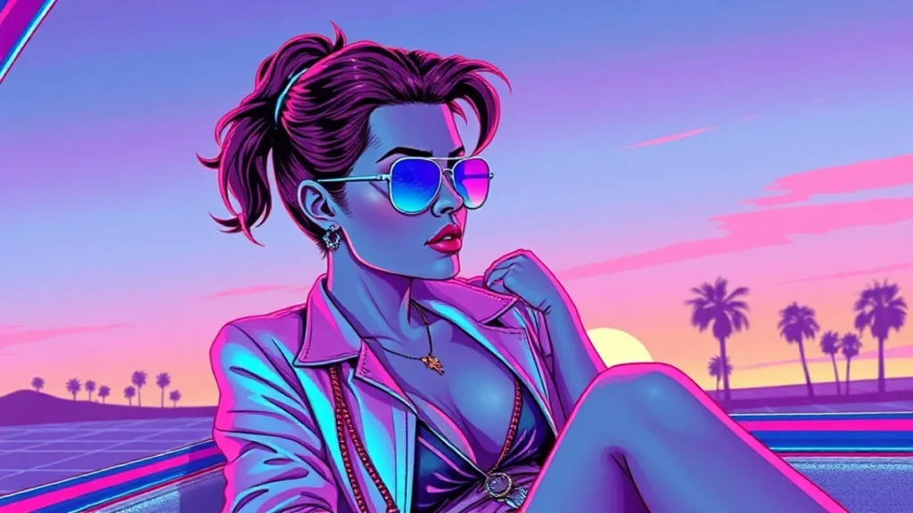 Stylized retro illustration of Claire Danes in a glowing neon cyberpunk fashion editorial setting.