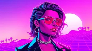 Stylized retro illustration of Colman Domingo surrounded by glowing neon cinematic elements.