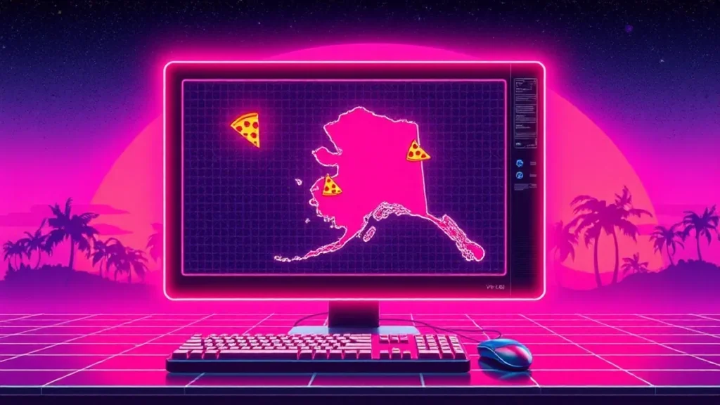 A retro Y2K computer screen displays a glowing map of Alaska with moose, pizza, and a digital bear in a synthwave style.