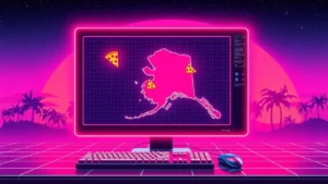 A retro Y2K computer screen displays a glowing map of Alaska with moose, pizza, and a digital bear in a synthwave style.