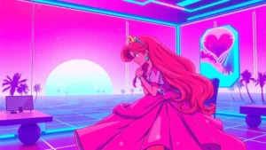 A Disney princess in a neon Y2K room choosing an ugly prince over a hot one.