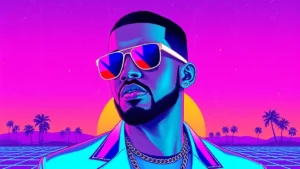 Stylized retro illustration of Drake honoring producer Tay Keith with holographic roses and neon lights.