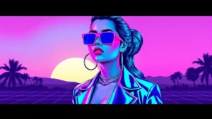Stylized retro illustration of Dua Lipa in a couture wedding dress with neon Sicilian elements.