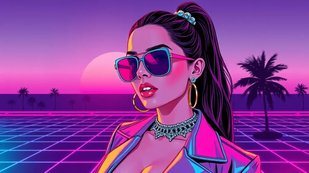 Stylized retro illustration of Dua Lipa in a dreamy Sicilian wedding aesthetic.