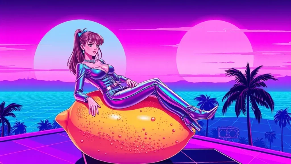 Stylized retro illustration of a pop star enjoying a glamorous summer wedding in Sicily.