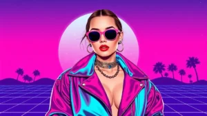 Stylized retro illustration of Dua Lipa wearing a statement bridal headpiece in neon aesthetic.