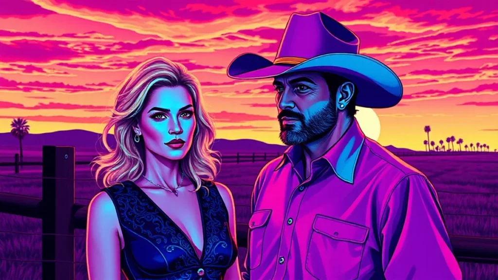 A mature blonde woman and a rugged man standing together at a large Montana ranch.