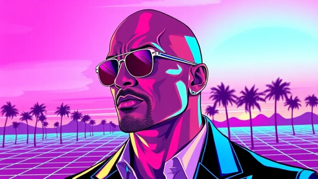 Stylized retro illustration of Dwayne Johnson amidst glowing holographic awards and vaporwave aesthetics.