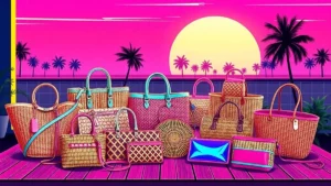 A variety of stylish woven raffia bags and summer straw totes on a wooden surface.