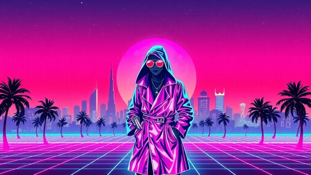 A stylized Y2K character in a glowing trench coat stands amidst a neon Cairo skyline with floating digital hieroglyphs.