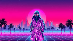 A stylized Y2K character in a glowing trench coat stands amidst a neon Cairo skyline with floating digital hieroglyphs.