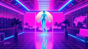 A glowing Euphoria character in a neon Y2K synthwave environment with floating holograms.