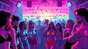 Fashionable women celebrating and dancing at a high-energy summer night party.