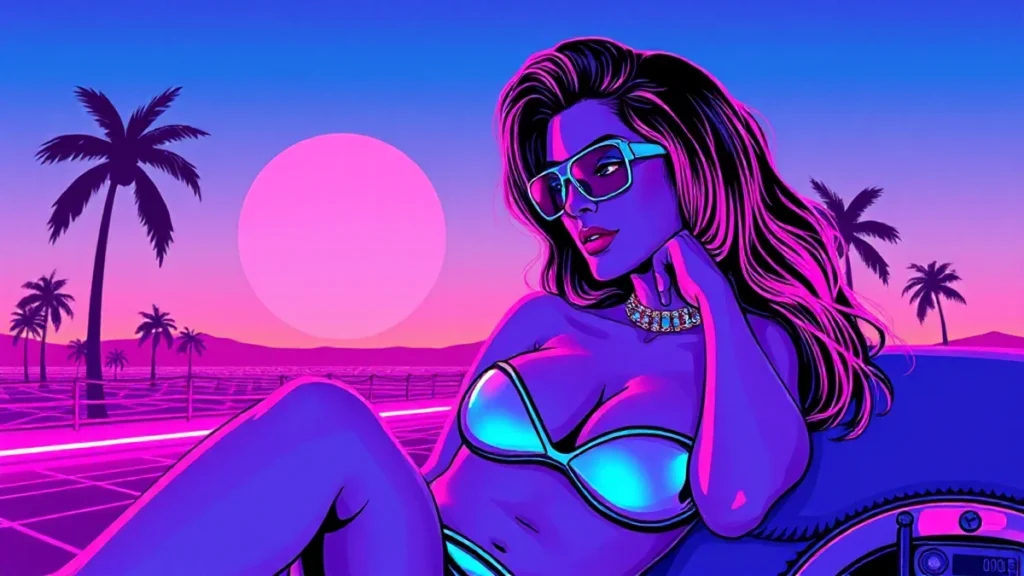 Stylized retro illustration of a stylish woman celebrating with neon lights and holographic accessories.