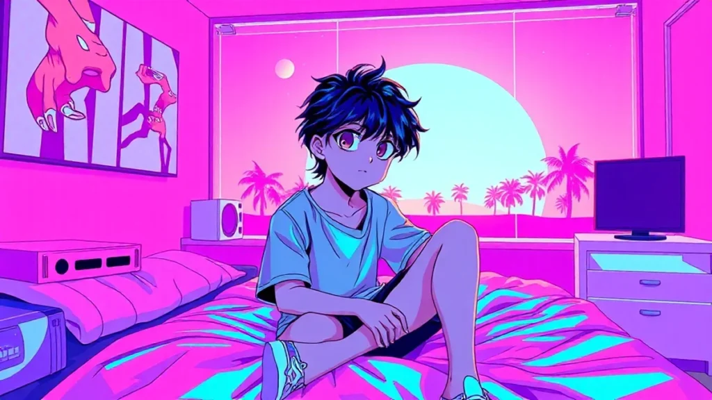 Retro Y2K style illustration of a young man in a neon vaporwave room.