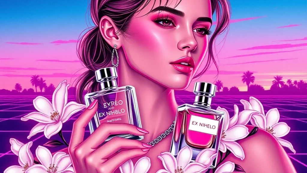 A stylish woman holding an elegant glass perfume bottle amidst delicate white jasmine blossoms.