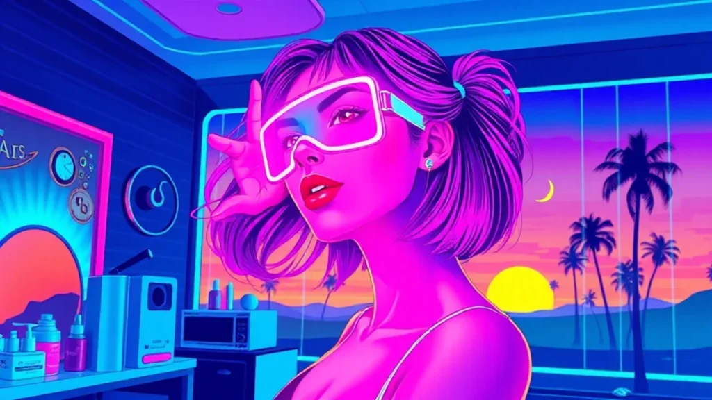 A stylized retro Y2K girl with LED mask in a neon-lit beauty room.