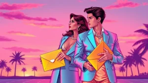 A romantic couple holding golden envelopes during a high stakes decision ceremony.