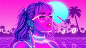 A glowing retro character in a neon Y2K room with floating makeup products and digital effects.