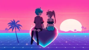 Stylized retro illustration of two people connecting amidst vibrant neon Y2K aesthetics.