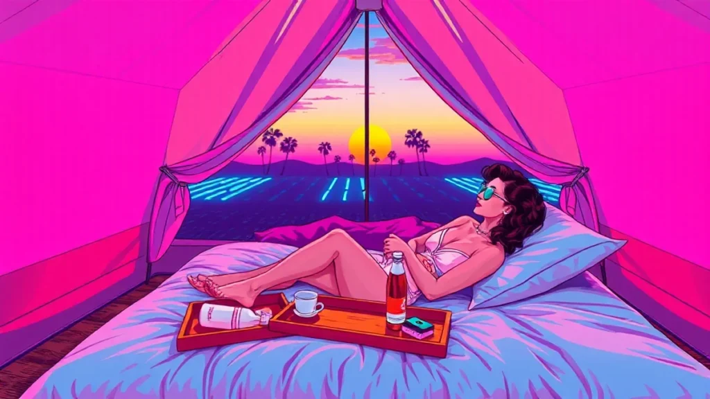 A woman relaxing in a high-end luxury glamping tent with premium amenities.