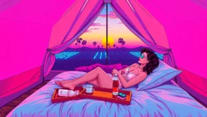A woman relaxing in a high-end luxury glamping tent with premium amenities.