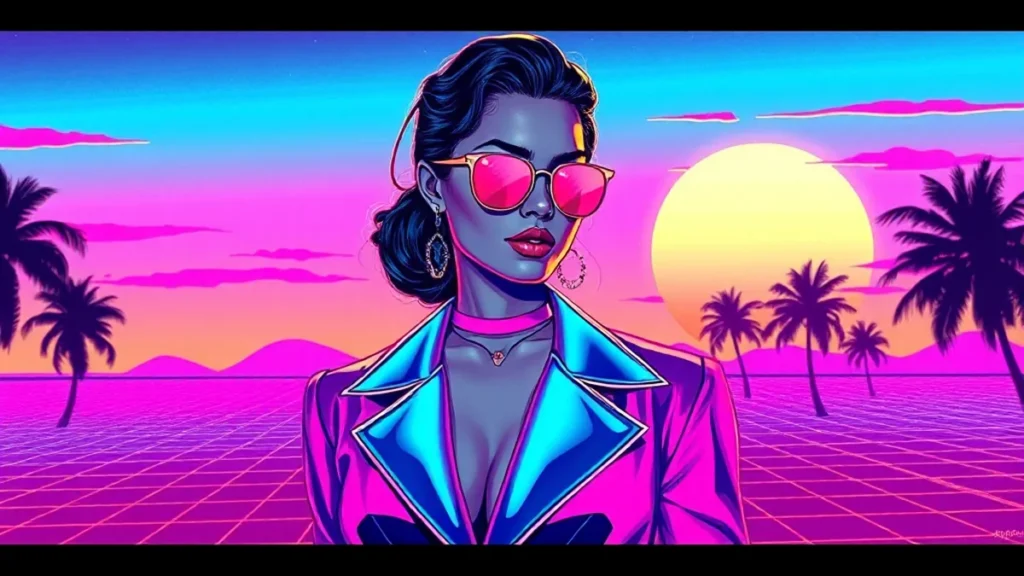 Stylized retro illustration of Irina Shayk in a shimmering zebra print vacation outfit.