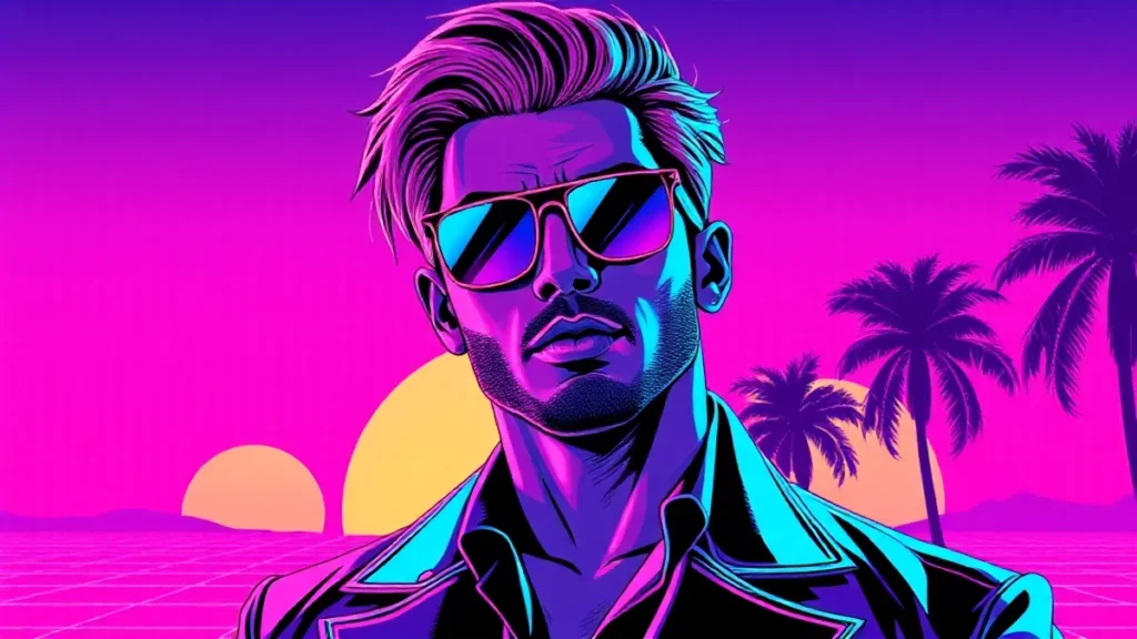 Stylized retro illustration of Jai Courtney in a neon vaporwave aesthetic setting.