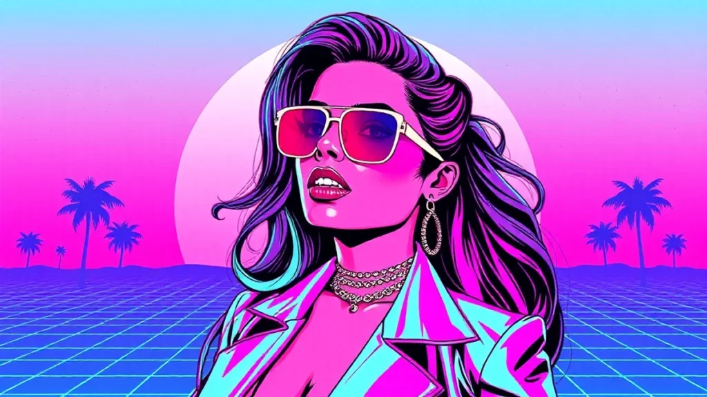 Stylized retro illustration of Jasmine Guy amidst neon vaporwave graphics and floating television screens.