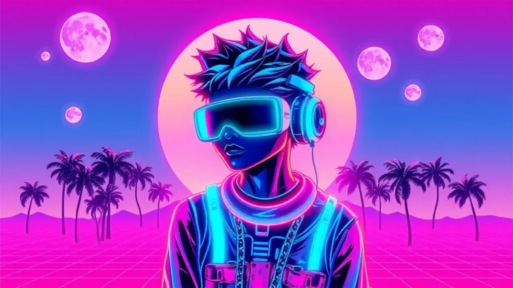 A stylized vaporwave character with floating holographic moons and glowing text in a retro Y2K computer scene.