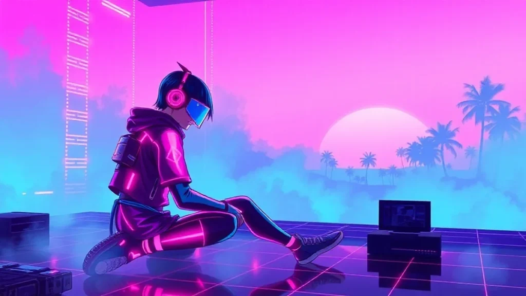 A stylized Y2K character in a neon cyberpunk room surrounded by floating holograms and glowing data streams.