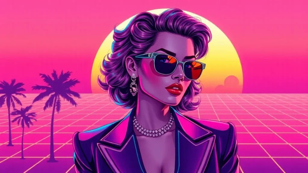 Stylized retro illustration of K Callan in a vibrant neon vaporwave setting.
