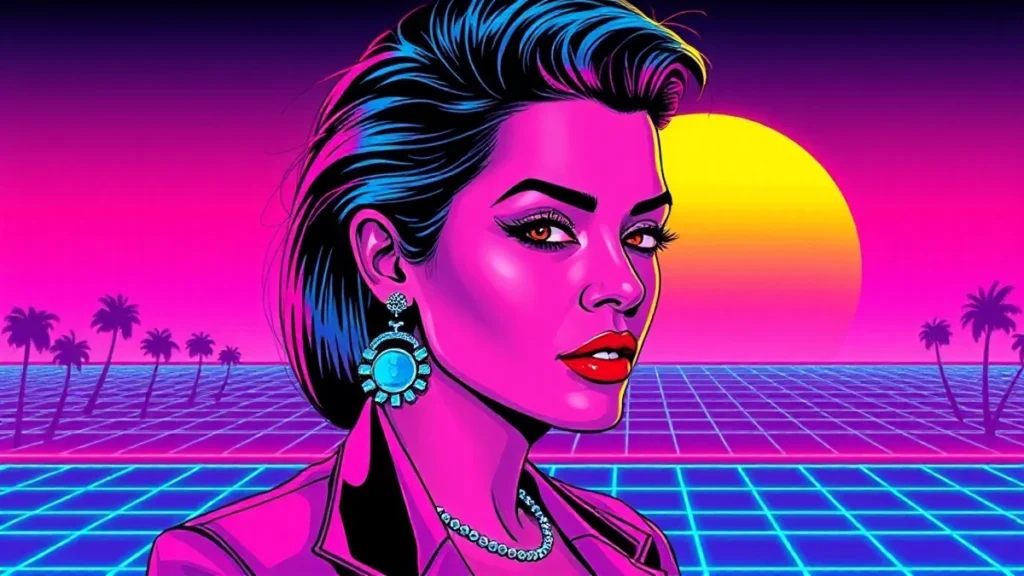 Stylized retro illustration of actress Anna Faris amidst glowing Y2K holographic elements.