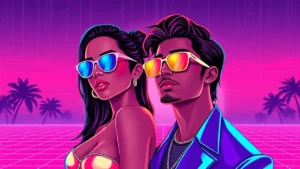 Stylized retro illustration of Keke Palmer and Sean Evans on a romantic date night.