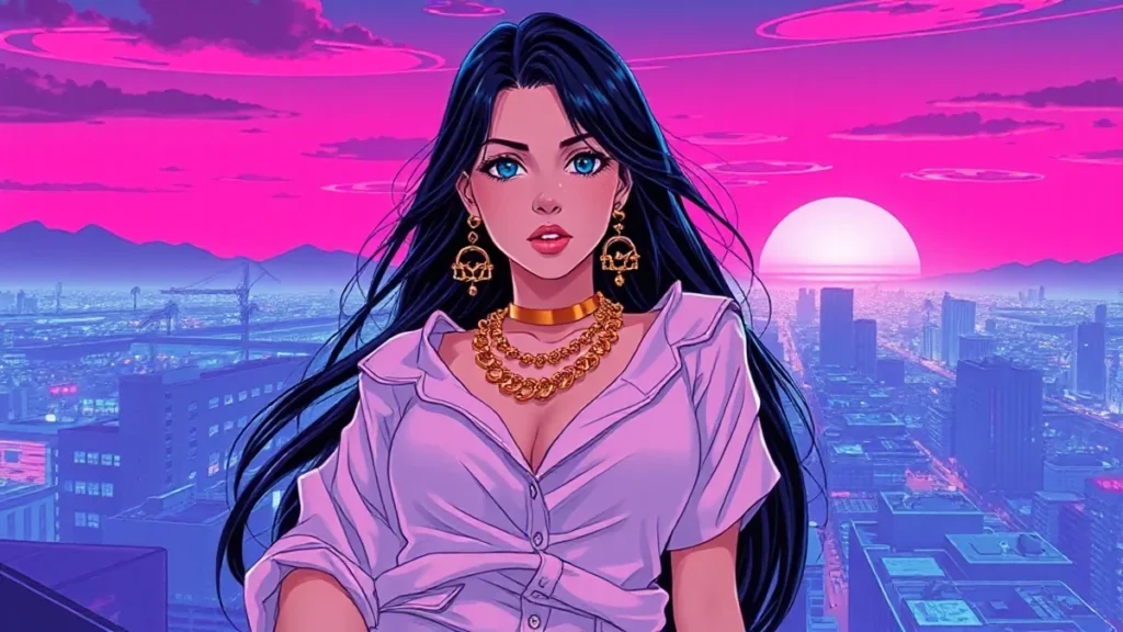 Stylized retro illustration of a fashion icon in white clothing with gold accents.