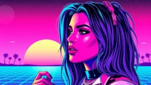Stylized retro illustration of Kim Kardashian with platinum blonde hair in a neon Y2K aesthetic.