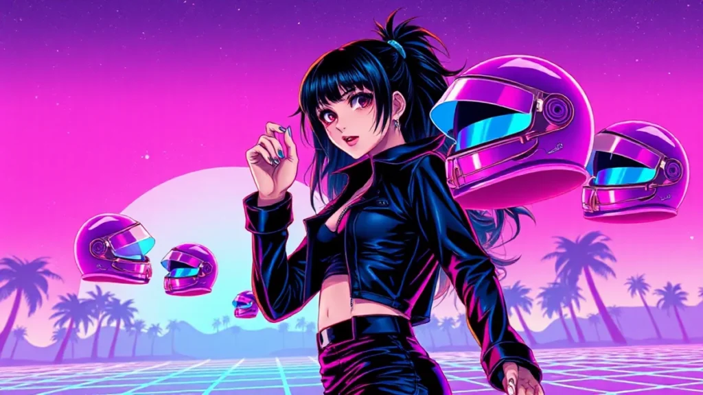 Stylized retro illustration of a woman in black leather enjoying a neon Monaco racing vibe.